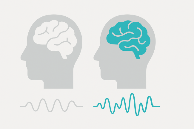 Zwei schematische Köpfe, links Gehirn grau, rechts Gehirn blau, darunter Wellenformen – Darstellung unterschiedlicher Verarbeitung von Audiosignalen