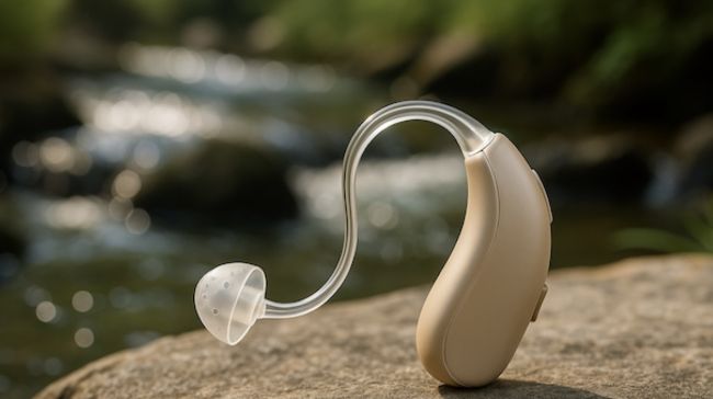 „Beiges Hörgerät auf einem Stein am Bachlauf – Symbolbild für natürliche Soundtherapie bei Tinnitus