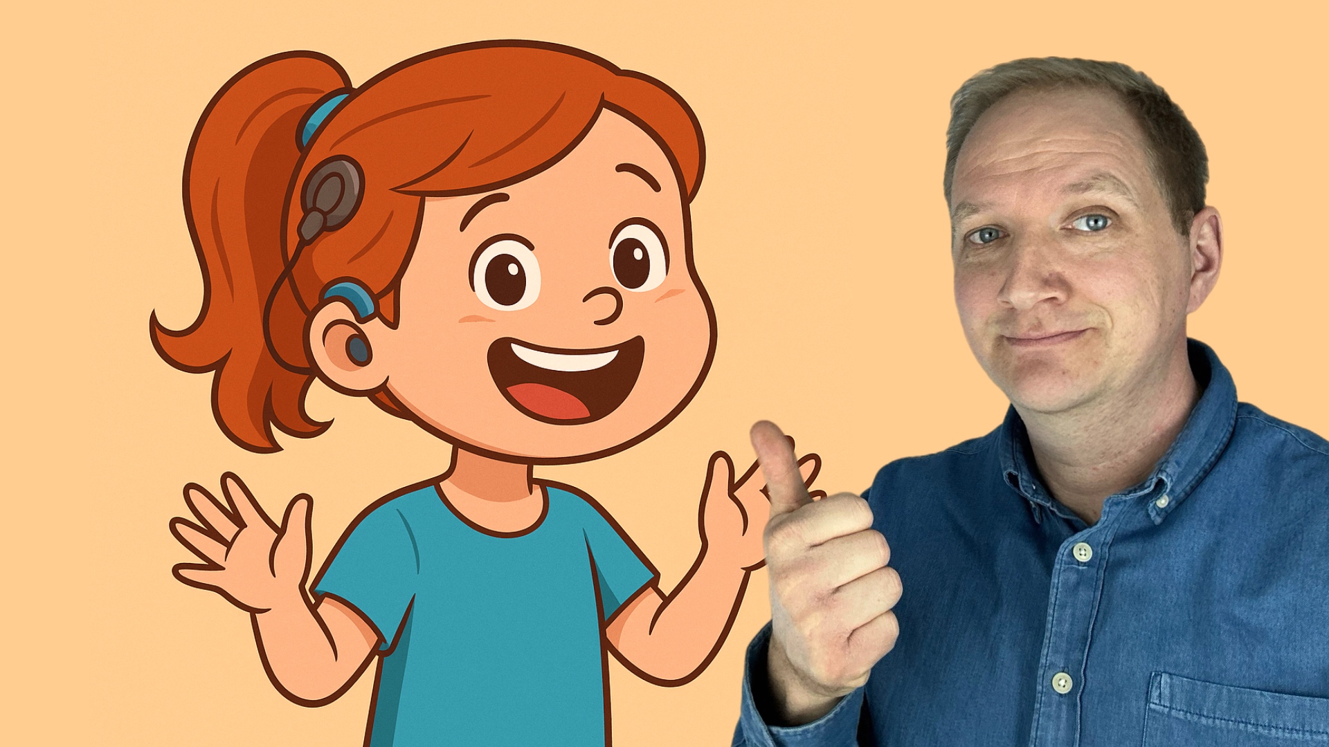 Glückliches Mädchen mit Cochlear Implantat dazu Maximilian Bauer der den Daumen hebt