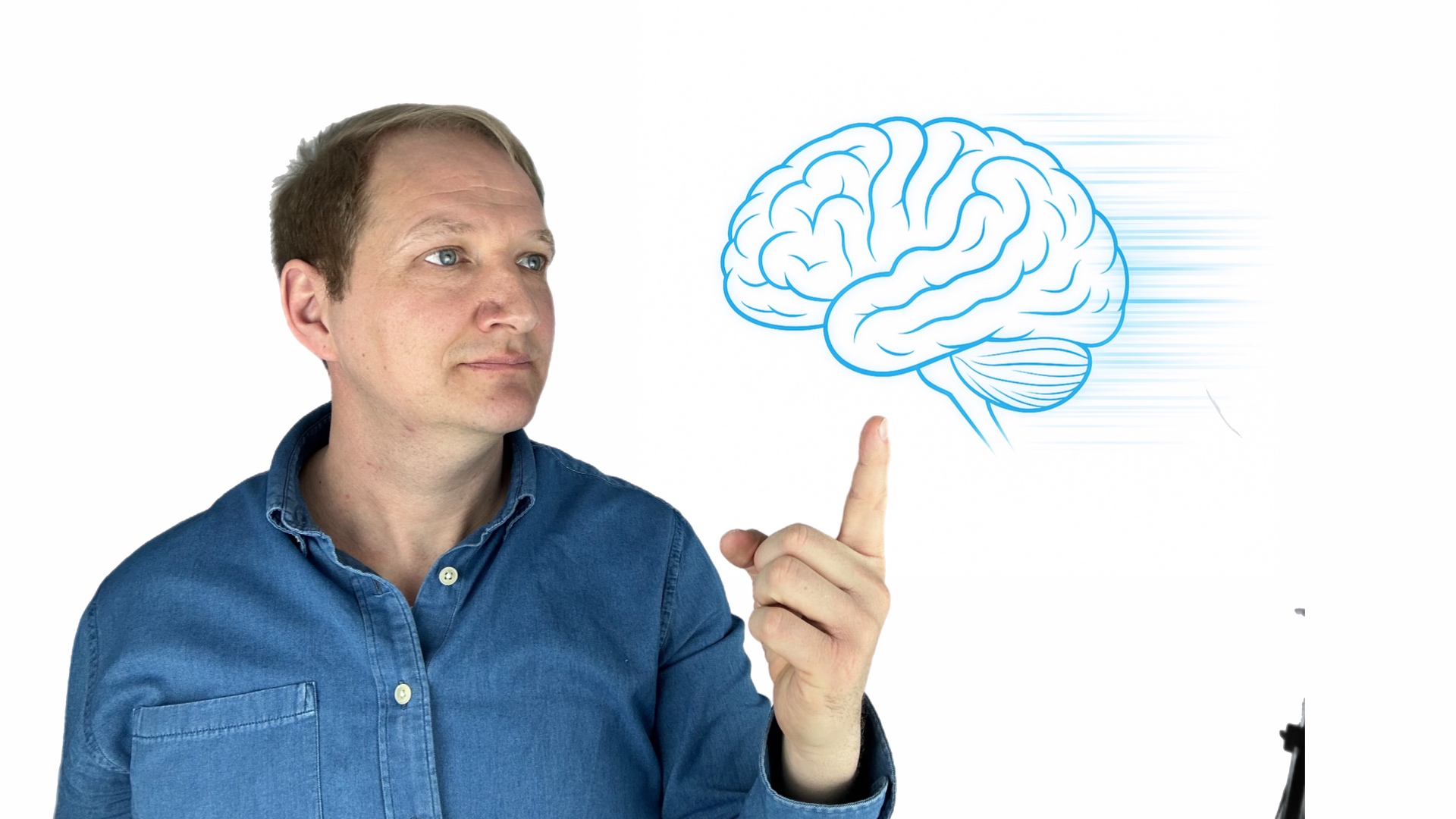 Mann zeigt auf ein symbolisches Gehirn mit Streifen die Geschwindigkeit darstellen sollen