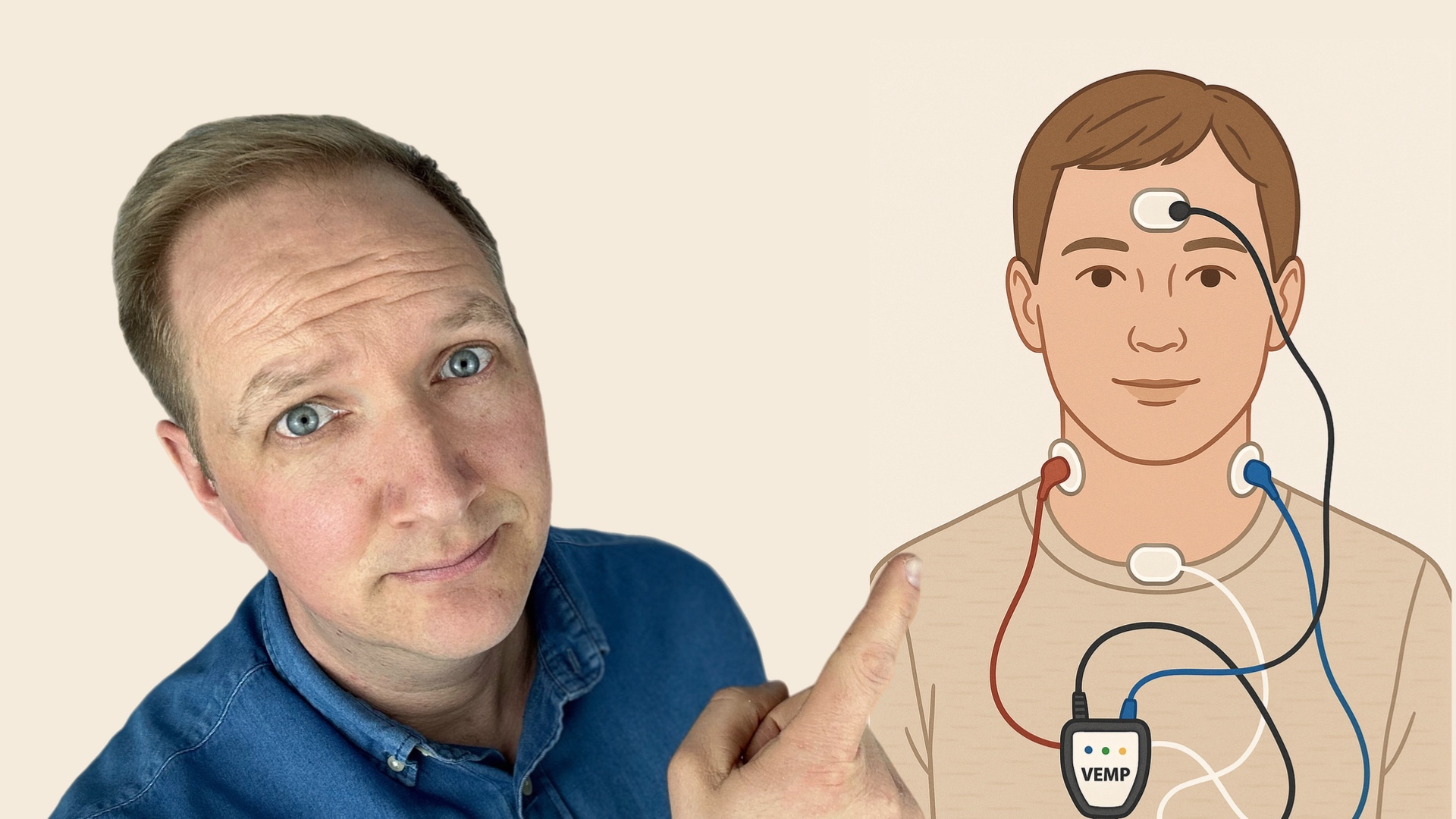 Man zeigt auf gezeichneten Patienten mit aufgeklebten Kontakten für Vemp Messung